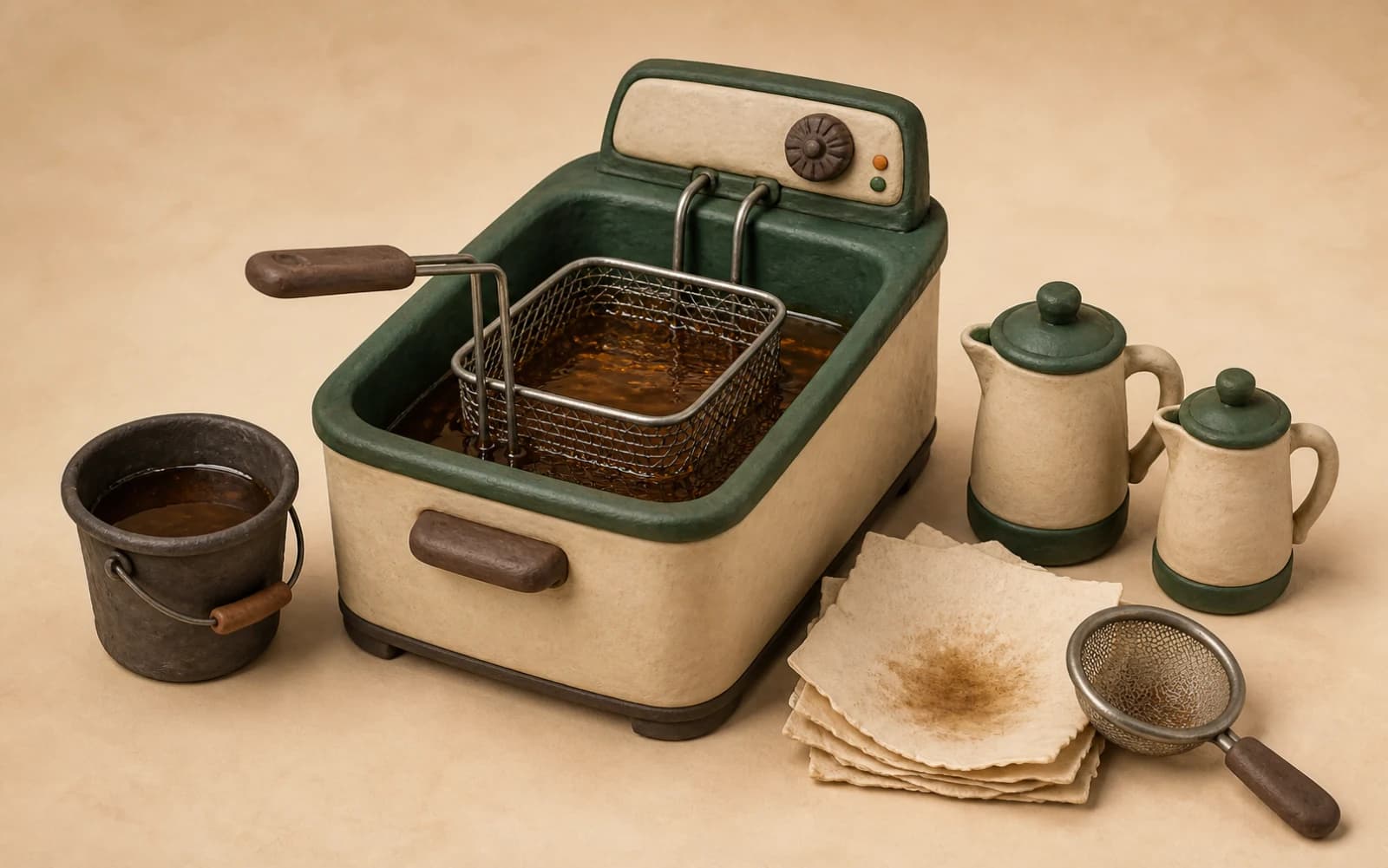 Conventional fryer with manual oil handling and loose filtration