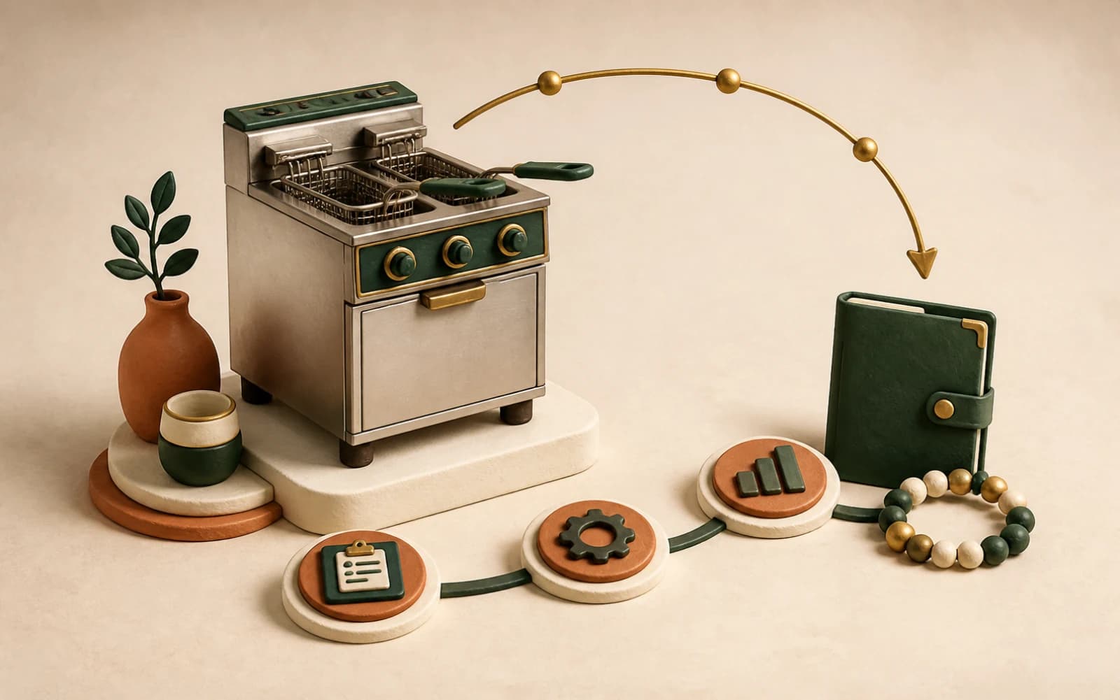 Replenishment fryer beside a staged equipment-finance pathway